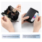 Black leather zip card bag with built-in card slot, shown open