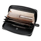 Black genuine leather RFID coin purse open, showing card slots and zip compartment