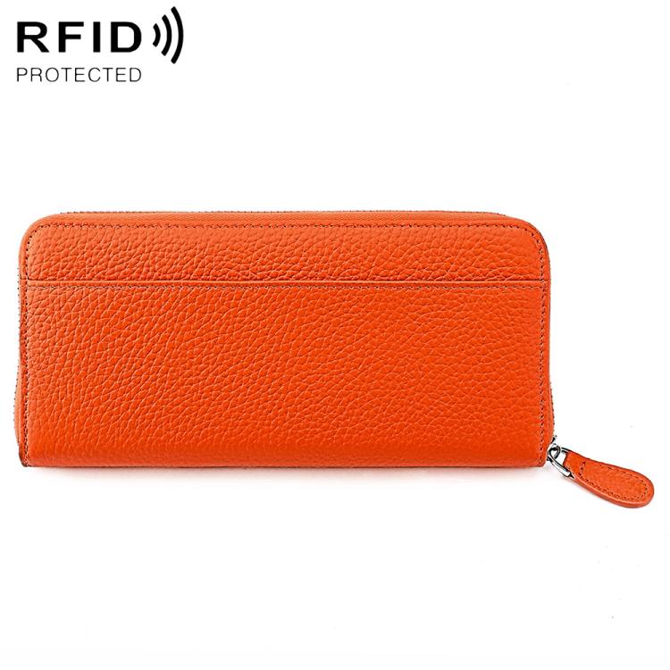 Bright orange genuine leather RFID coin purse with zipper and matching wrist strap