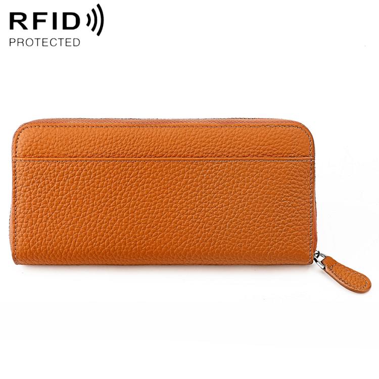Orange genuine leather RFID coin purse with zip closure and wrist strap