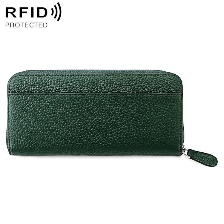 Dark green genuine leather RFID coin purse with zip closure and wrist strap
