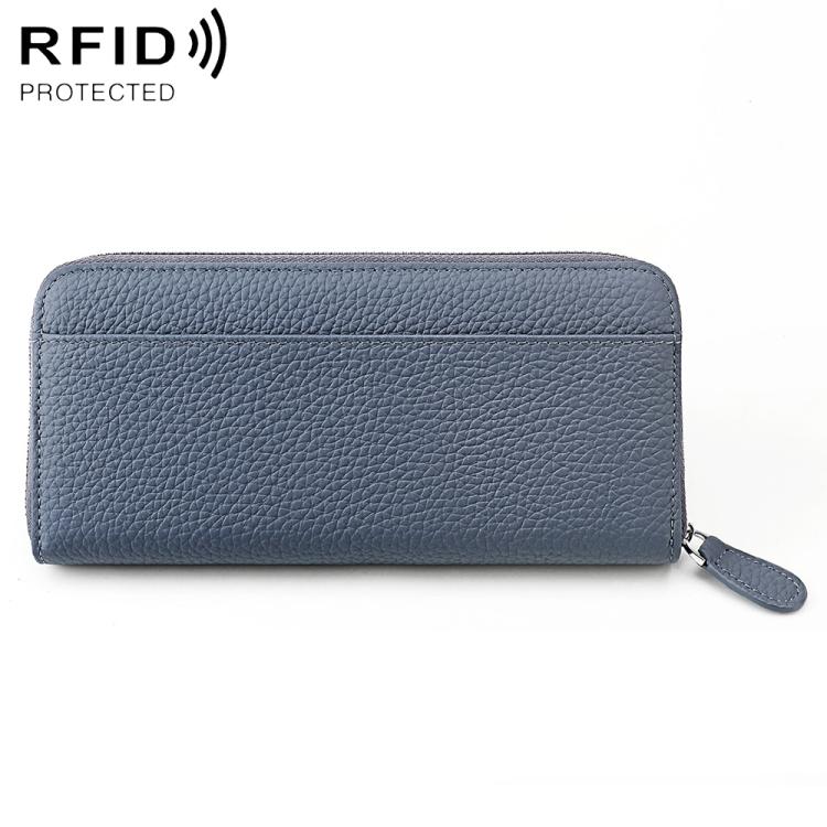Blue genuine leather RFID coin purse with textured finish and zip closure