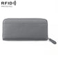 Grey genuine leather RFID coin purse with zip closure and wrist strap