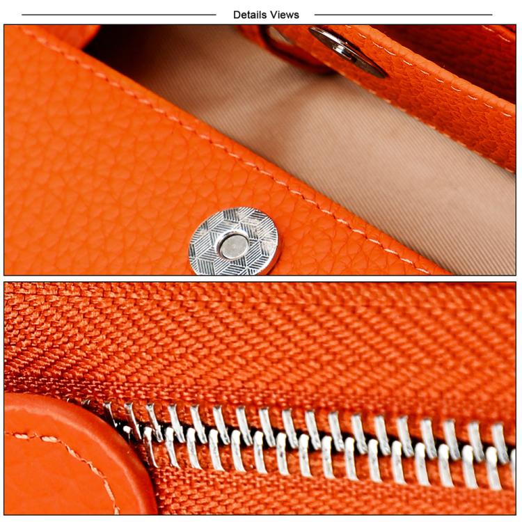 Orange leather coin purse close-up of metal snap and zipper teeth
