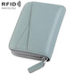 Light blue genuine leather RFID accordion card bag with zip closure and card slots