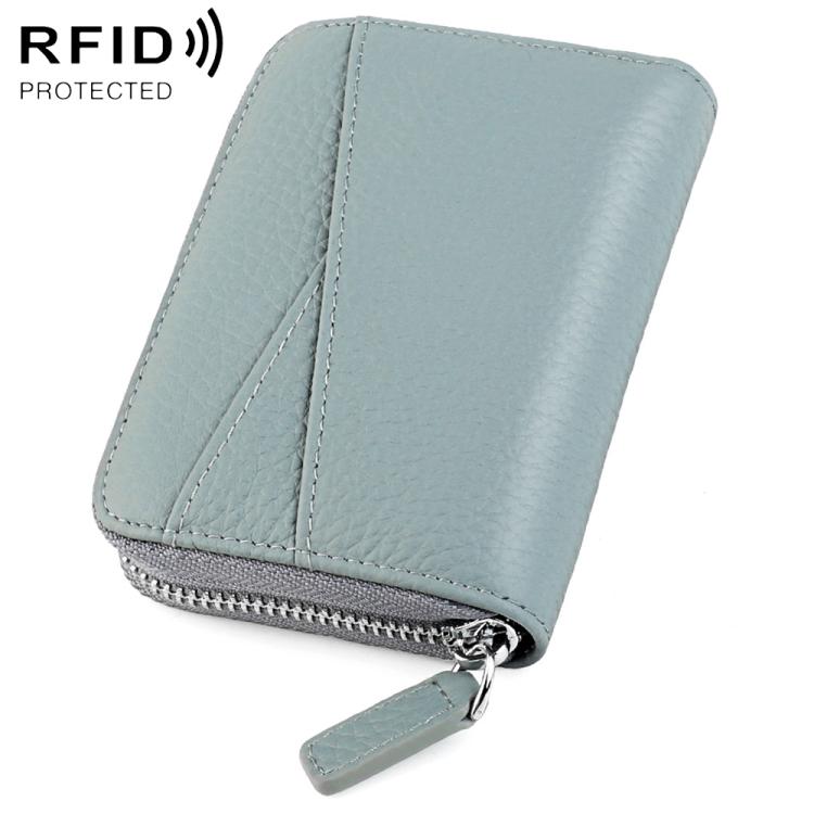Light blue genuine leather RFID accordion card bag with zip closure and card slots