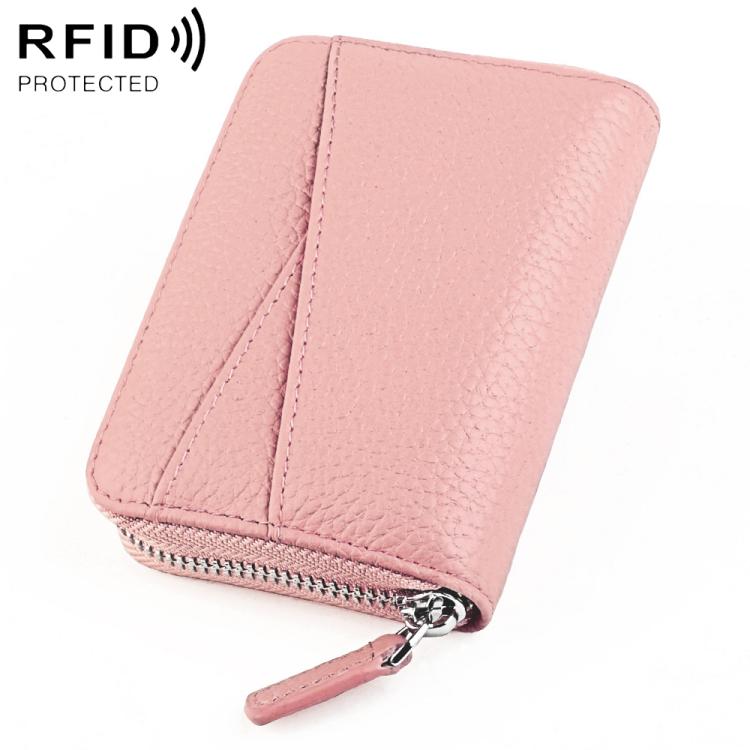 Pink genuine leather RFID accordion card bag with zip closure and card slots