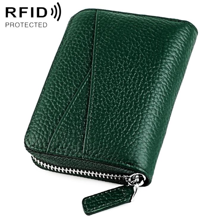 Dark green genuine leather RFID accordion card bag with zip closure and card slots