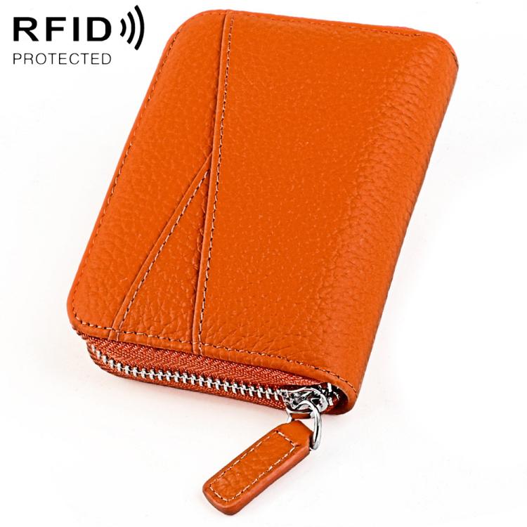 Bright orange genuine leather RFID accordion card bag with zip closure and card slots