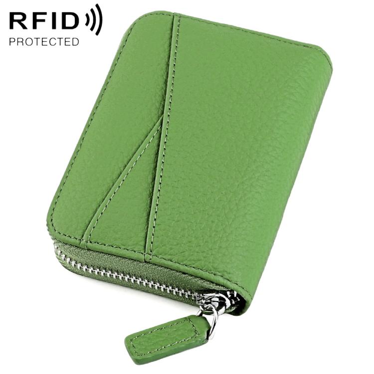 Green genuine leather zip card holder with accordion-style card slots