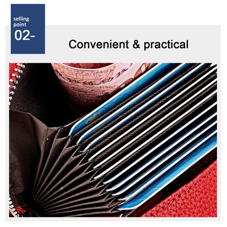 Red leather card holder interior with accordion-style card compartments