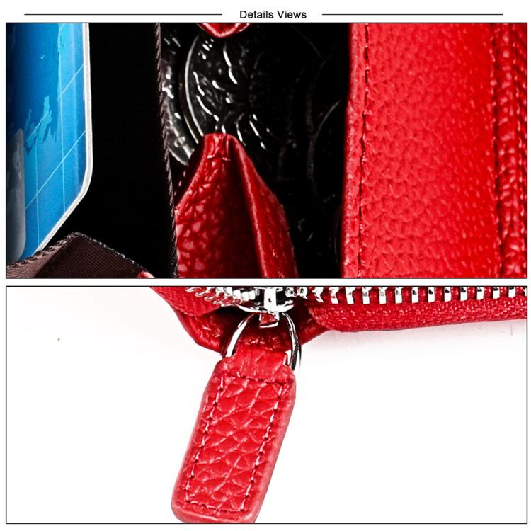 Red leather zipper pull and zipper seam close-up