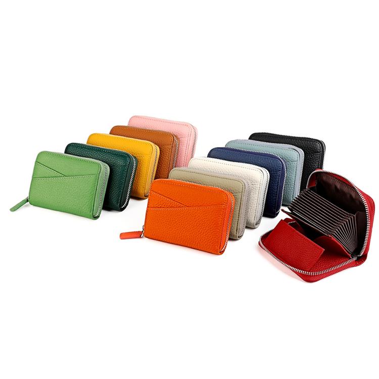 Genuine leather accordion card bag with zipper and multi-card slots, various colors