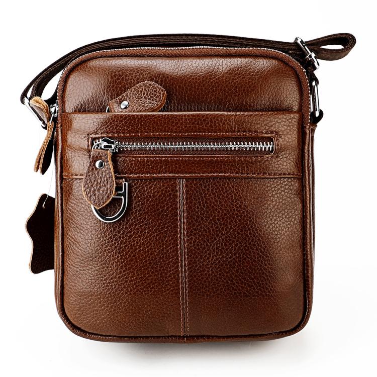 Brown genuine leather crossbody shoulder bag with front zip pocket and key clip