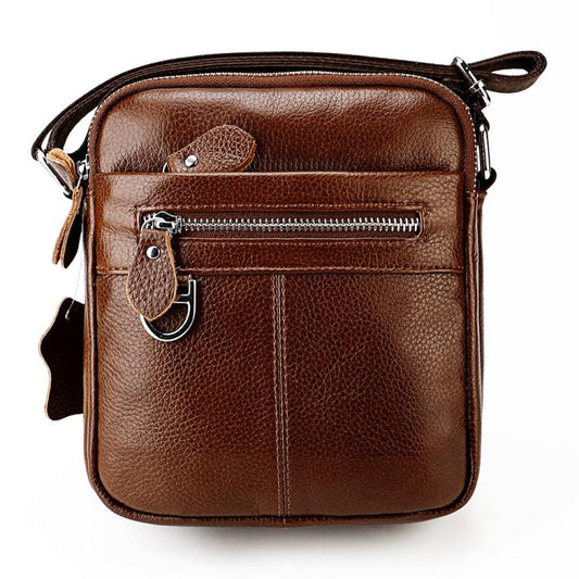 Brown genuine leather crossbody shoulder bag with front zip pocket and key clip