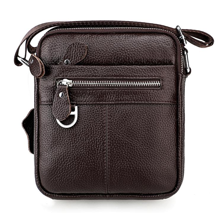 Black genuine leather crossbody shoulder bag with front zip pocket and D-ring detail
