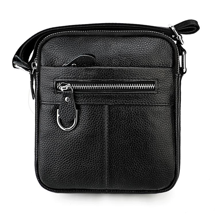 Black genuine leather crossbody shoulder bag with front zipper and key clip
