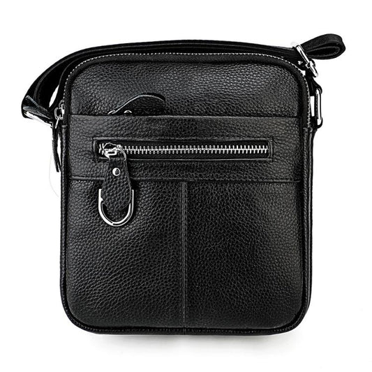 Black genuine leather crossbody shoulder bag with front zipper and key clip