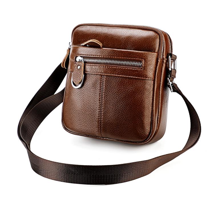 Brown genuine leather crossbody bag with front zip pocket and adjustable strap