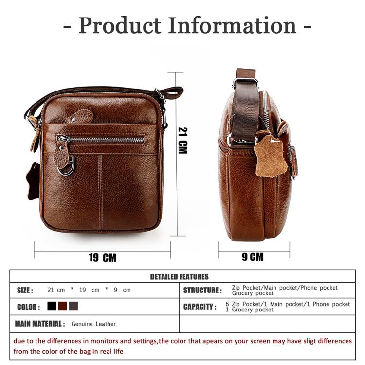 Brown genuine leather crossbody shoulder bag front view with short top handle