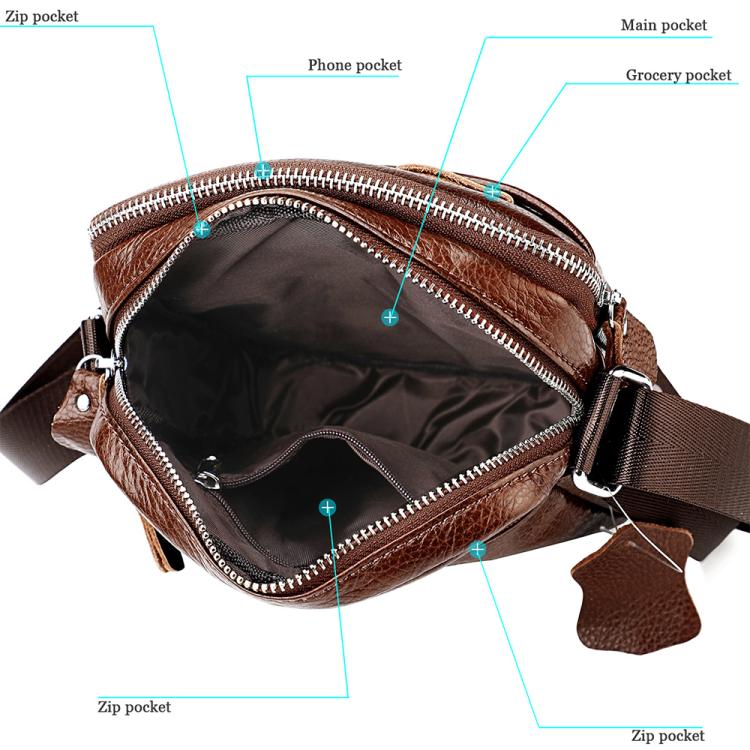 Brown genuine leather crossbody bag open inside showing zip pocket and main compartment
