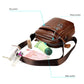 Brown genuine leather crossbody bag with front zip pocket and interior storage pockets
