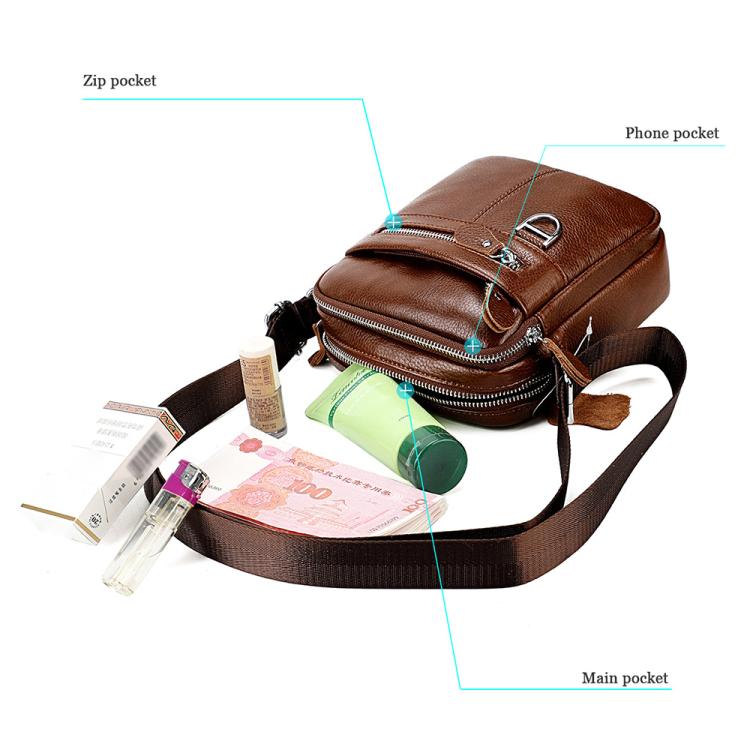 Brown genuine leather crossbody bag with front zip pocket and interior storage pockets