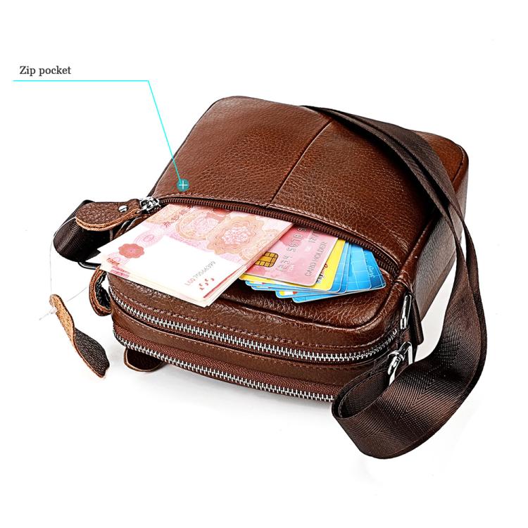 Brown genuine leather crossbody shoulder bag with flap, front zip pocket, and strap