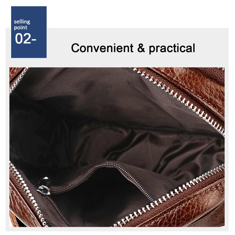 Brown genuine leather crossbody bag, open interior with zipper closure