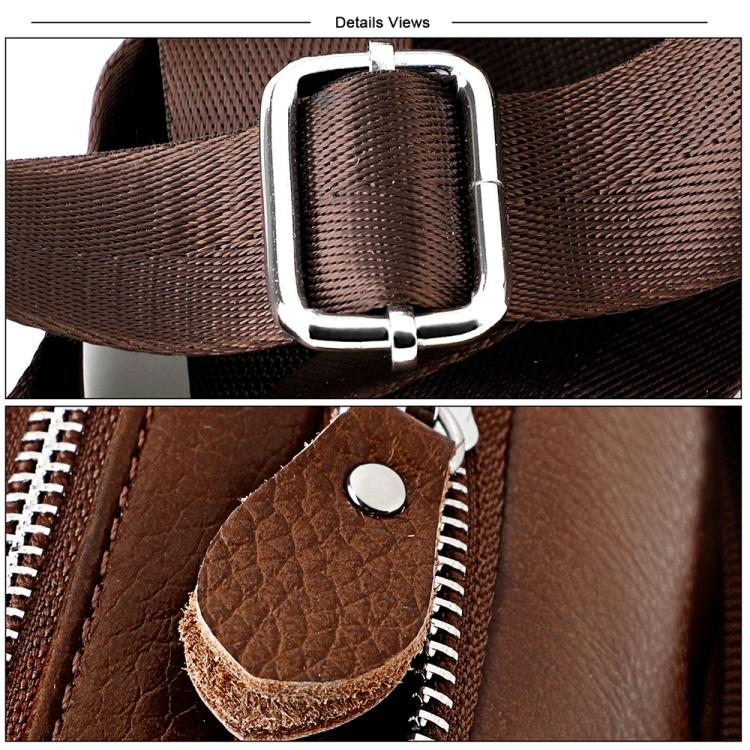 Brown leather crossbody bag details: metal buckle strap, zipper track, stitched pocket