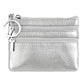 Genuine leather double-zip key coin purse in silver, with key ring and silver hardware.