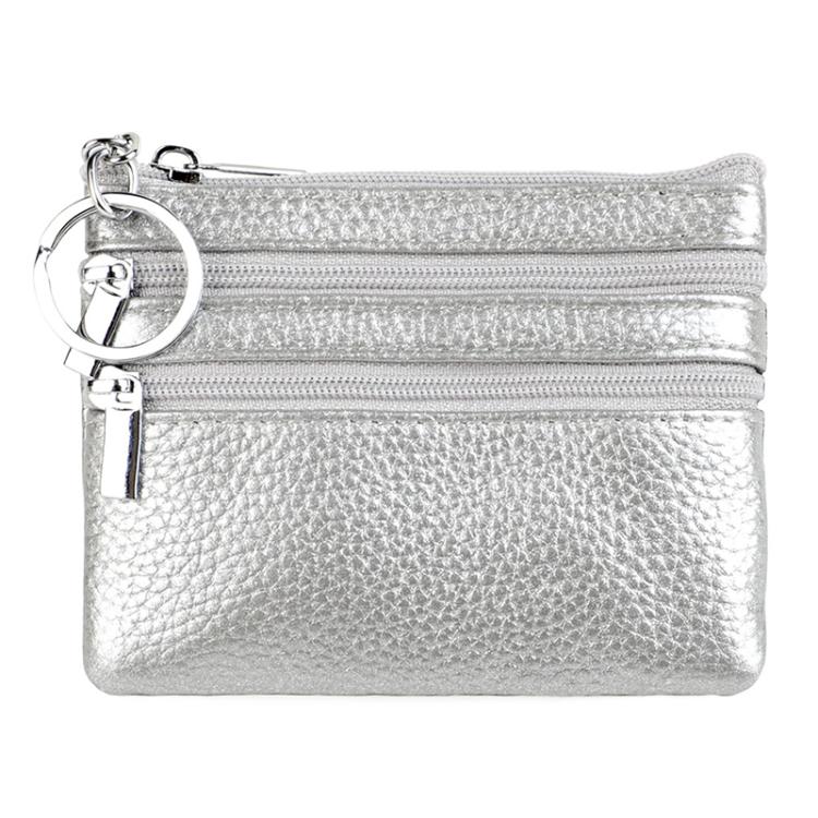 Genuine leather double-zip key coin purse in silver, with key ring and silver hardware.