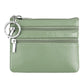 Genuine leather double-zip key coin purse in sage green, with key ring and silver hardware.