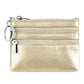 Genuine leather double-zip key coin purse in gold, with key ring and silver hardware.