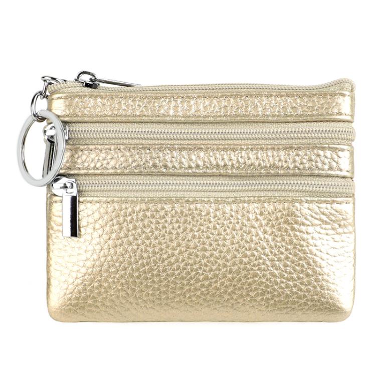 Genuine leather double-zip key coin purse in gold, with key ring and silver hardware.