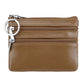 Genuine leather double-zip key coin purse in camel brown, with key ring and silver hardware.