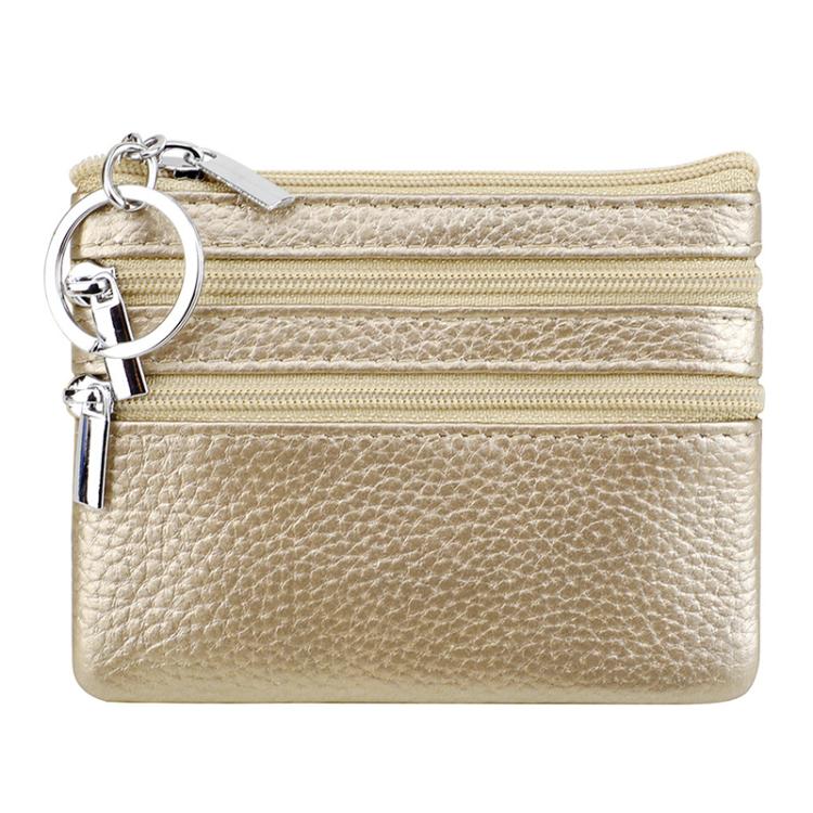 Cream genuine leather double-zip key coin purse with metal key ring