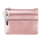 Pink genuine leather double-zip key coin purse with metal key ring