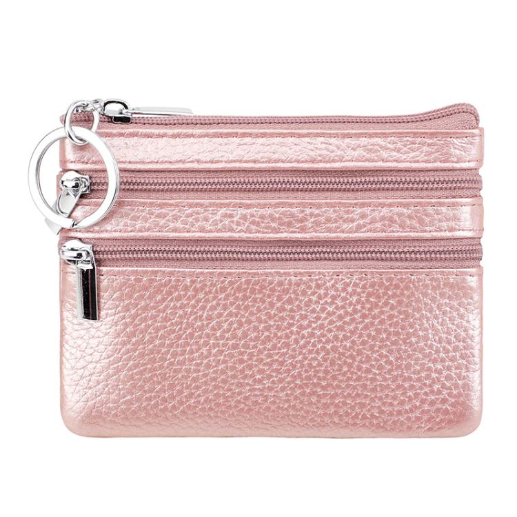 Pink genuine leather double-zip key coin purse with metal key ring