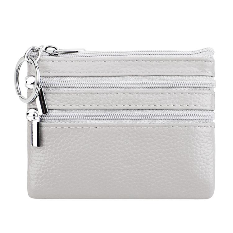 White genuine leather double-zip key coin purse with metal key ring