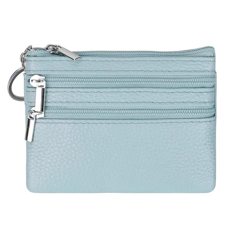 Light blue genuine leather double-zip key coin purse with metal key ring