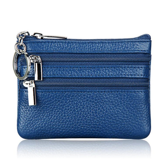 Blue genuine leather double-zip key coin purse with key ring clasp