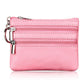 Pink genuine leather double-zip key coin purse with key ring clasp