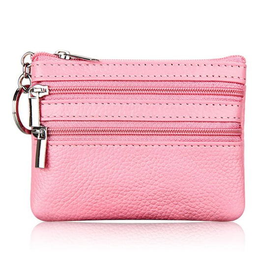 Pink genuine leather double-zip key coin purse with key ring clasp