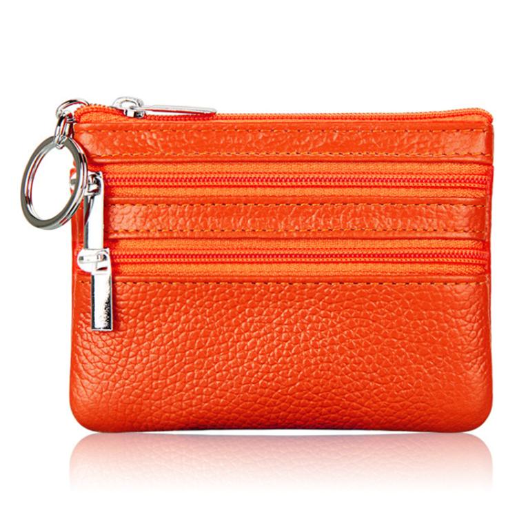 Orange genuine leather double-zip key coin purse with key ring clasp