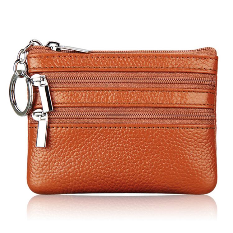 Tan genuine leather double-zip key coin purse with key ring clasp
