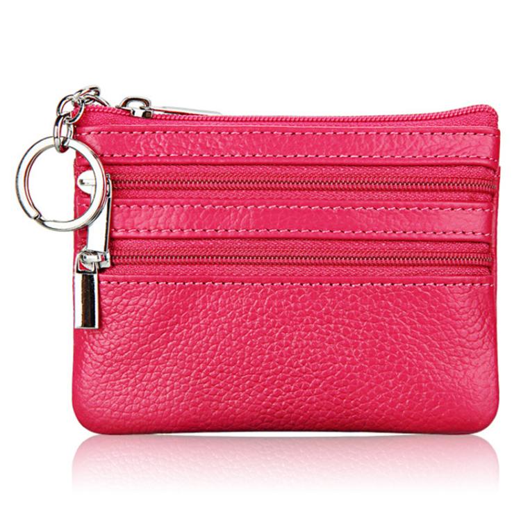 Hot pink genuine leather double-zip key coin purse with key ring clasp