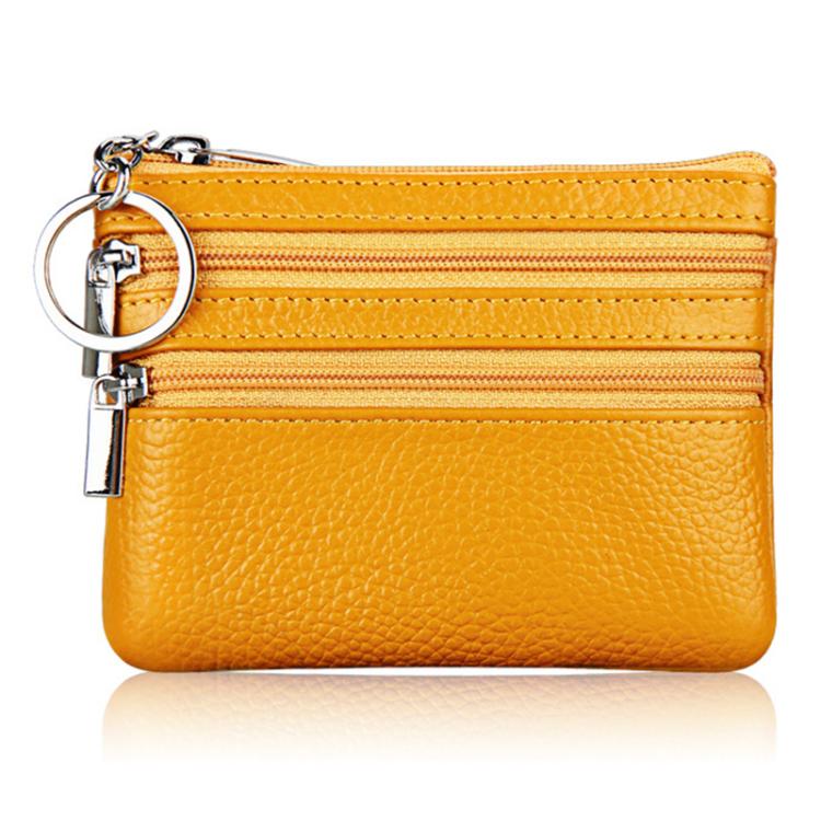 Yellow genuine leather double-zip key coin purse with key ring clasp
