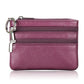 Genuine leather key coin purse with double zippers, pink-purple color