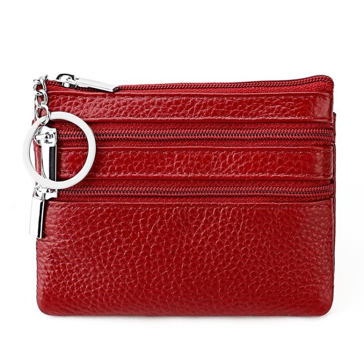 Genuine leather key coin purse with double zippers, red color